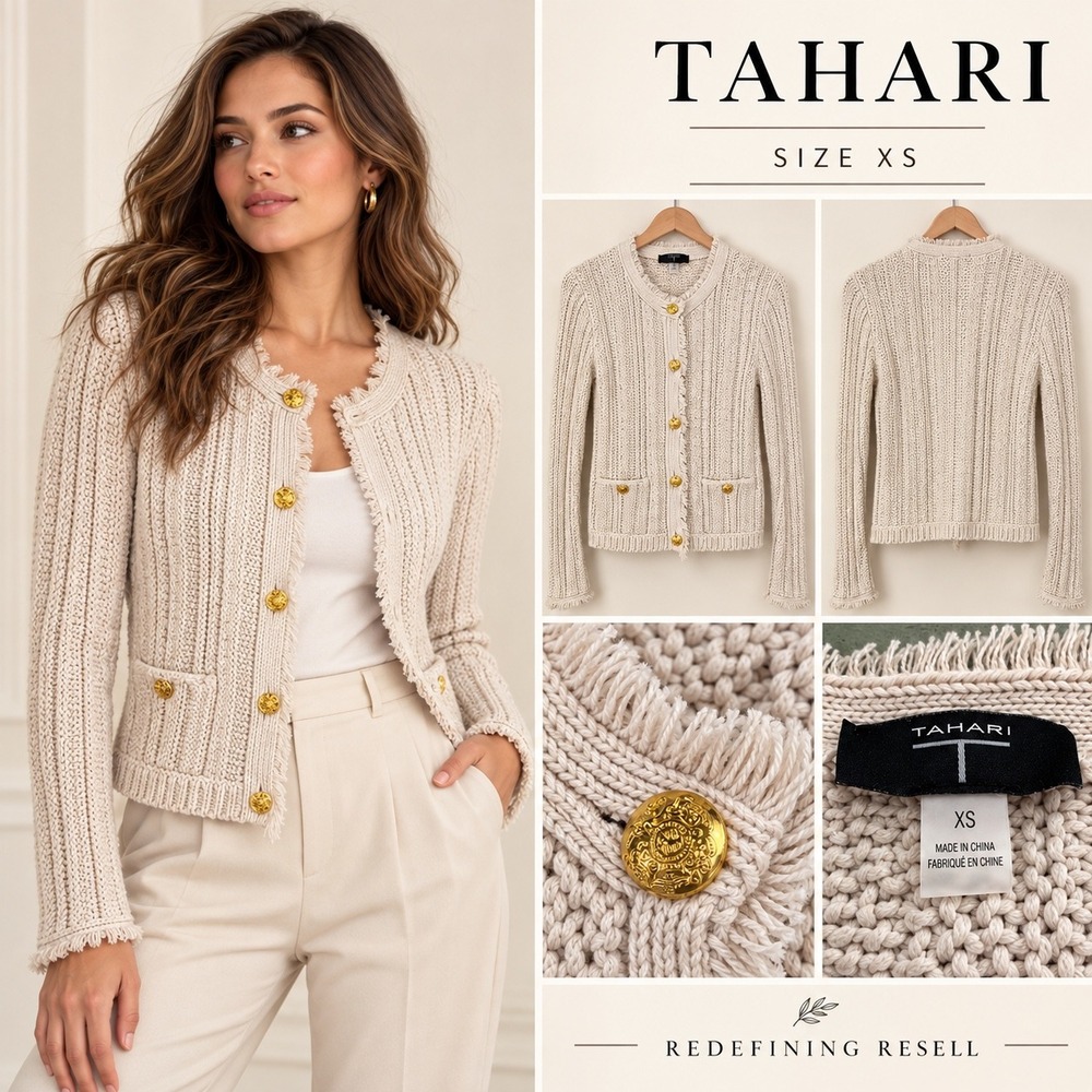 Tahari Womens Cream Ribbed Knit Fringe Lady Jacket Cardigan Gold Buttons XS